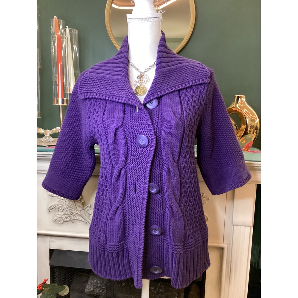 Chico's Purple Cable Knit Cardigan Sweater Button Front Short Sleeve SZ‎ 1